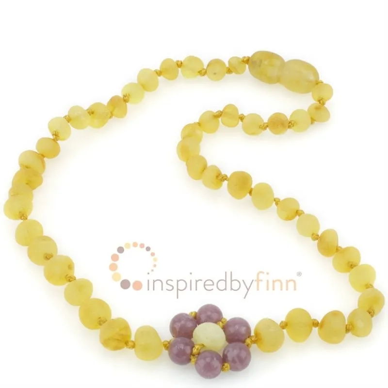 Child Baltic Amber Necklace - Lemon Lepidolite Flower