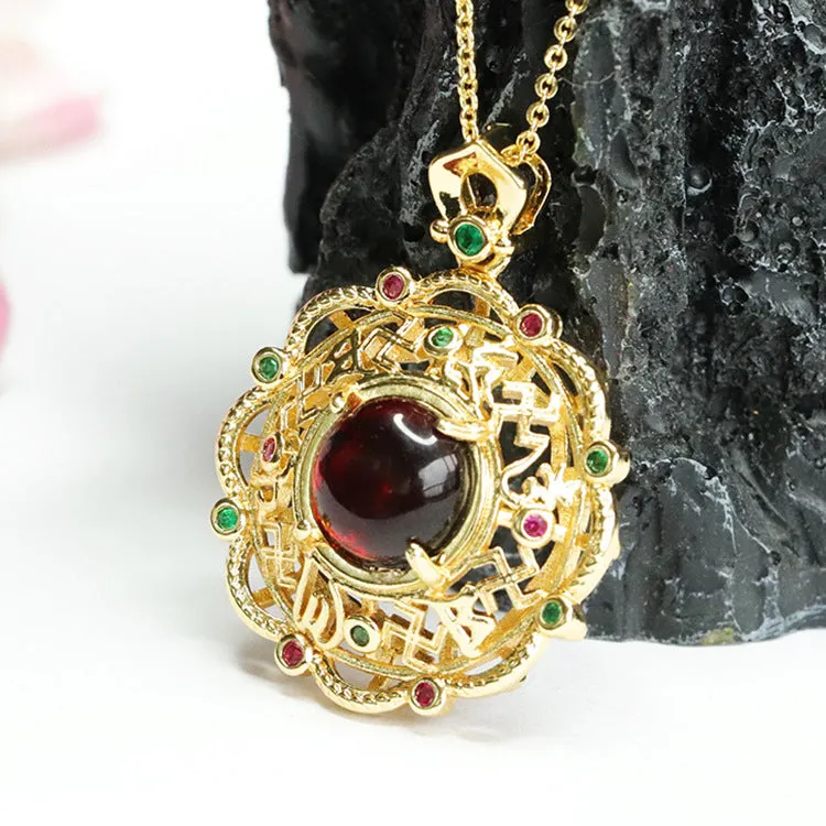 Chinese Style Flower Hollow Pendant Necklace with Beeswax Amber