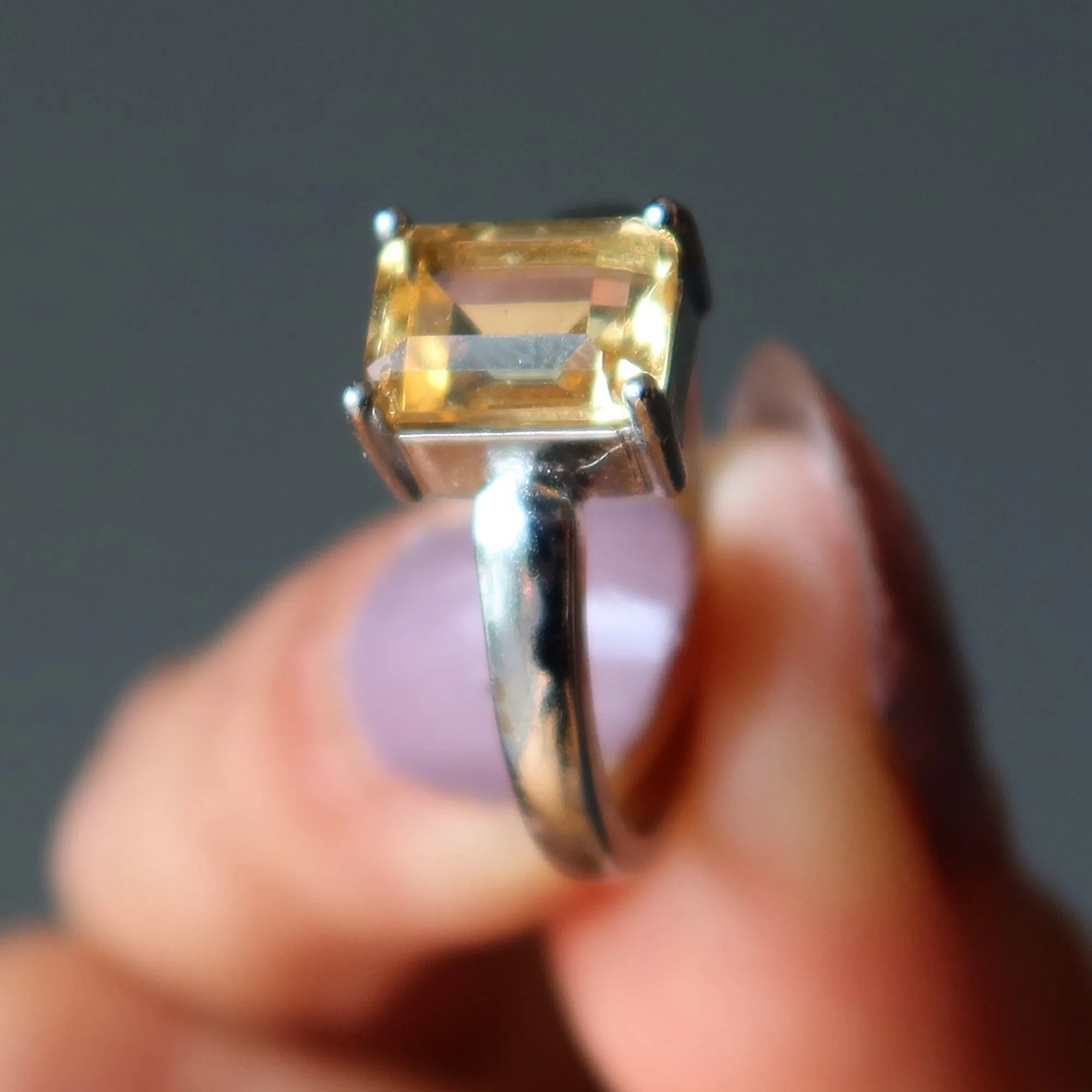 Citrine Ring Faceted Rectangle Money Gem White Bronze