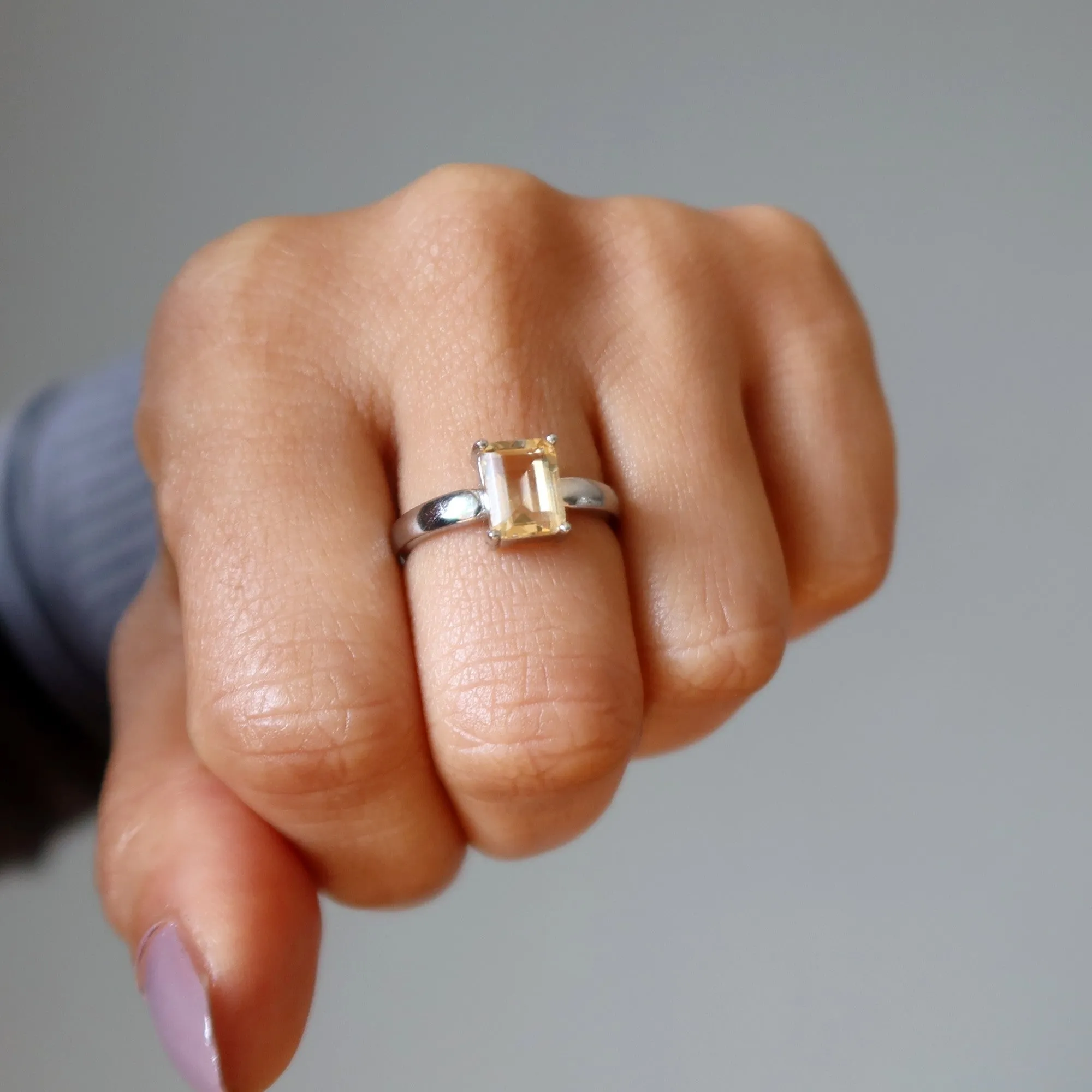 Citrine Ring Faceted Rectangle Money Gem White Bronze