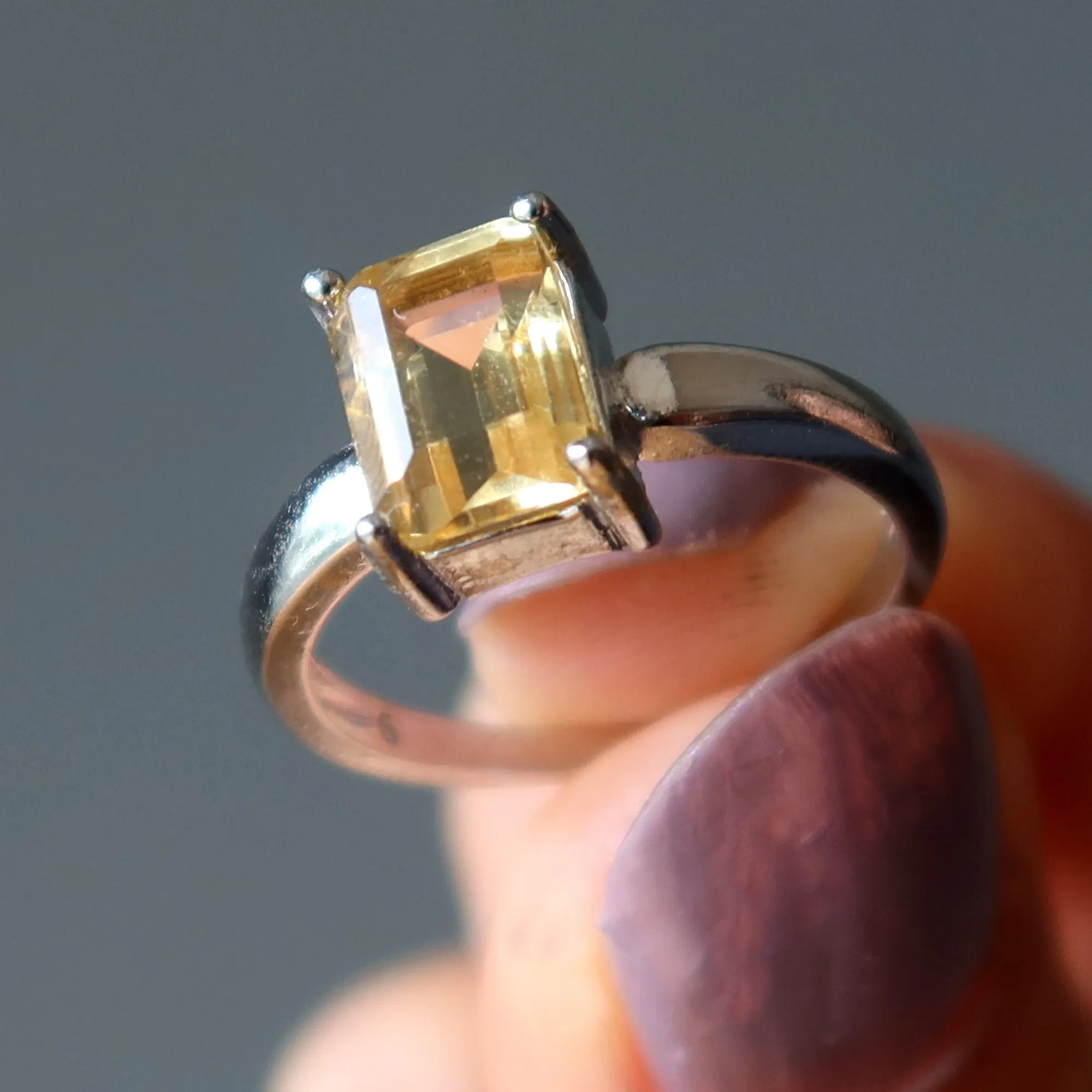 Citrine Ring Faceted Rectangle Money Gem White Bronze