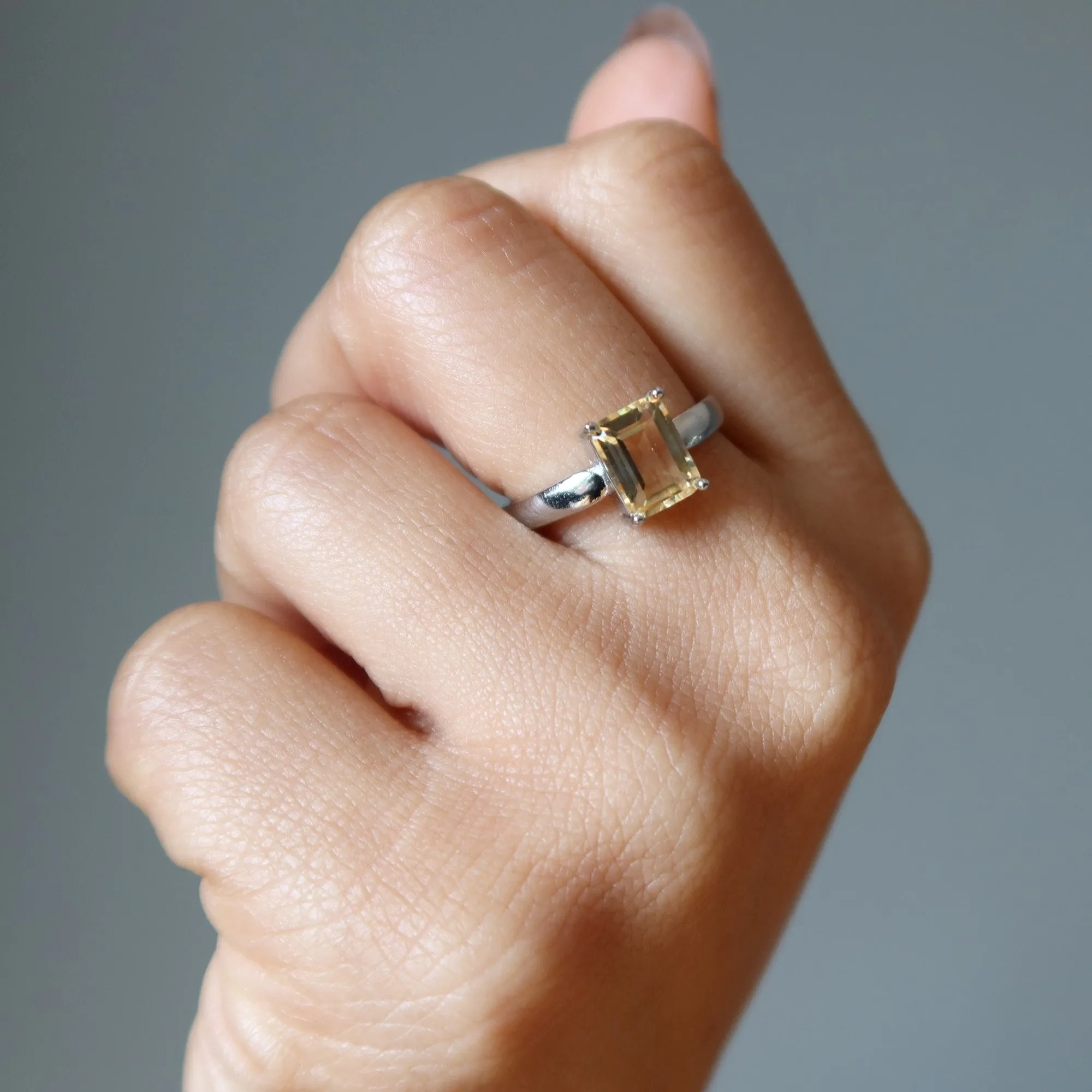 Citrine Ring Faceted Rectangle Money Gem White Bronze