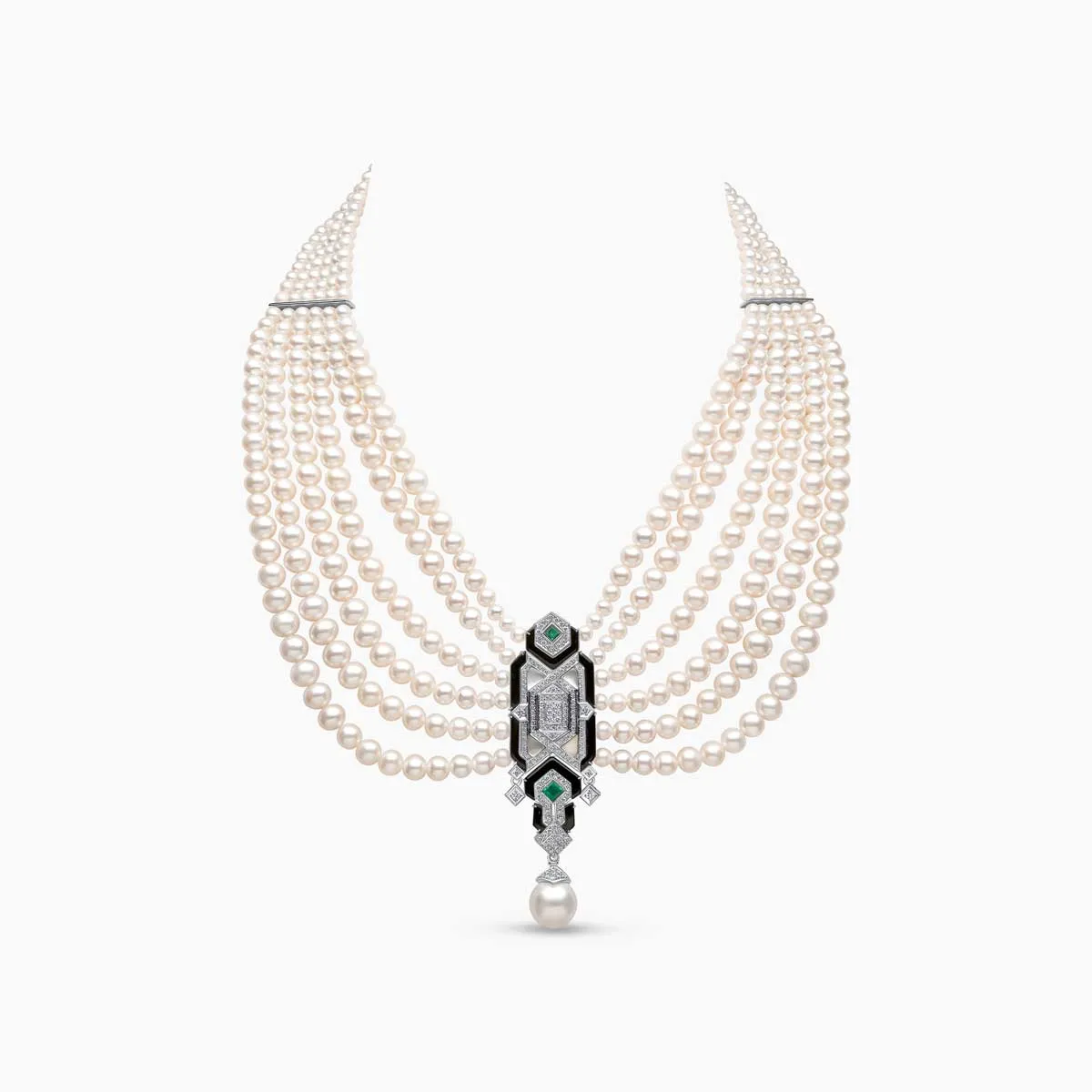 Cleopatra 18K Gold Freshwater Pearl Diamond and Emerald Necklace