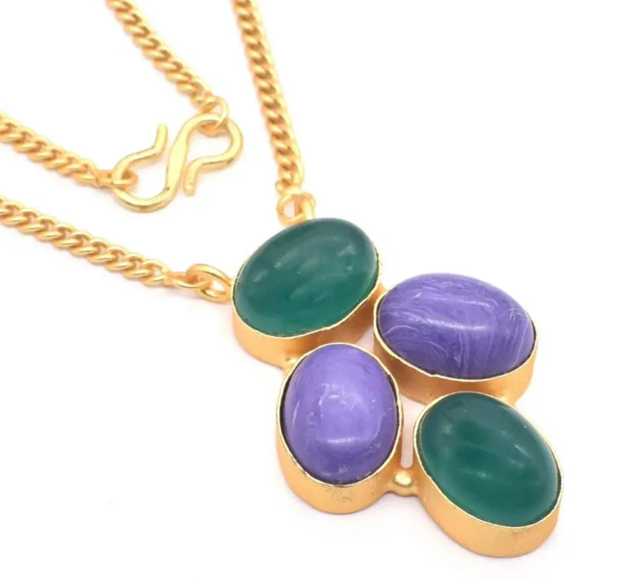 Colorful Green Onyx and Purple Charoite Gemstone Pendant/Chain Necklace 18"