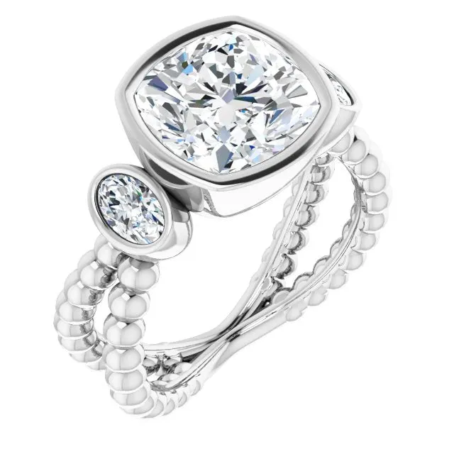 Cubic Zirconia Engagement Ring- The a'Malisa (Customizable 3-stone Cushion Cut Design with 2 Oval Cut Side Stones and Wide, Bubble-Bead Split-Band)