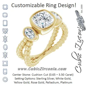 Cubic Zirconia Engagement Ring- The a'Malisa (Customizable 3-stone Cushion Cut Design with 2 Oval Cut Side Stones and Wide, Bubble-Bead Split-Band)