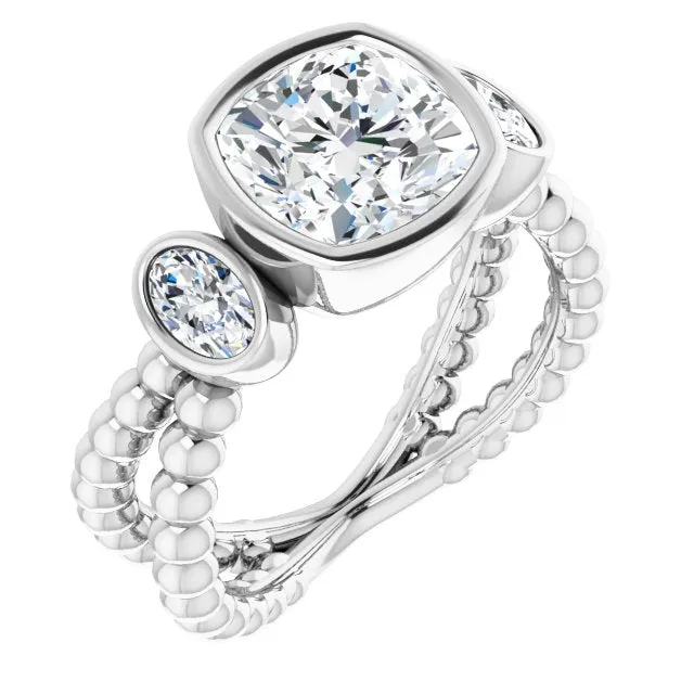 Cubic Zirconia Engagement Ring- The a'Malisa (Customizable 3-stone Cushion Cut Design with 2 Oval Cut Side Stones and Wide, Bubble-Bead Split-Band)