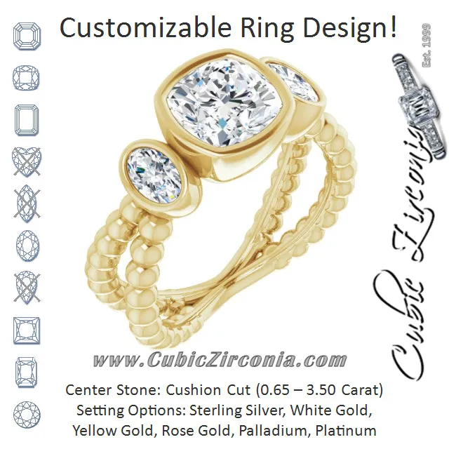 Cubic Zirconia Engagement Ring- The a'Malisa (Customizable 3-stone Cushion Cut Design with 2 Oval Cut Side Stones and Wide, Bubble-Bead Split-Band)