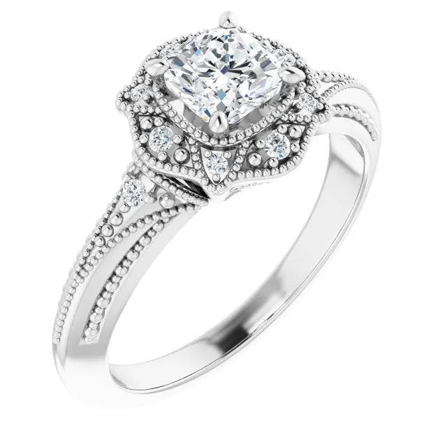 Cubic Zirconia Engagement Ring- The Ashton (Customizable Vintage Cushion Cut Design with Beaded Milgrain and Starburst Semi-Halo)