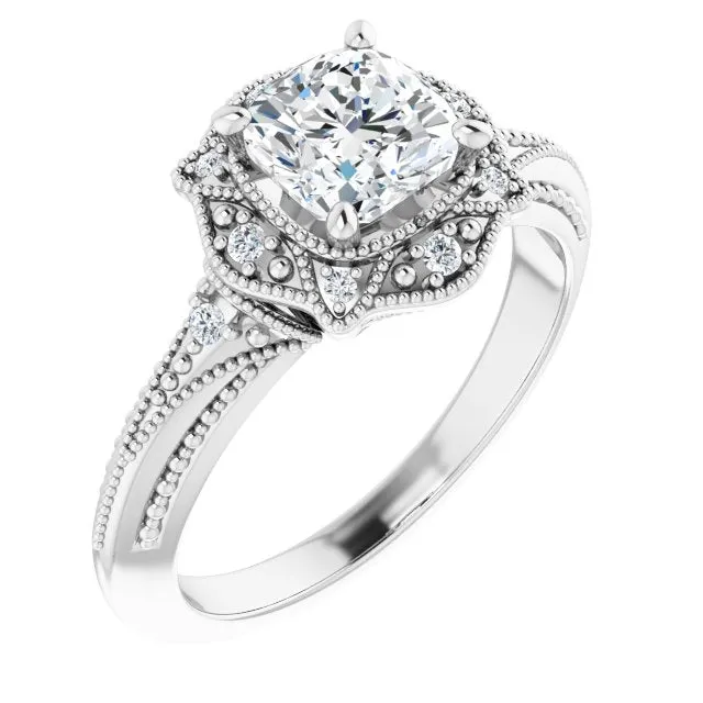 Cubic Zirconia Engagement Ring- The Ashton (Customizable Vintage Cushion Cut Design with Beaded Milgrain and Starburst Semi-Halo)