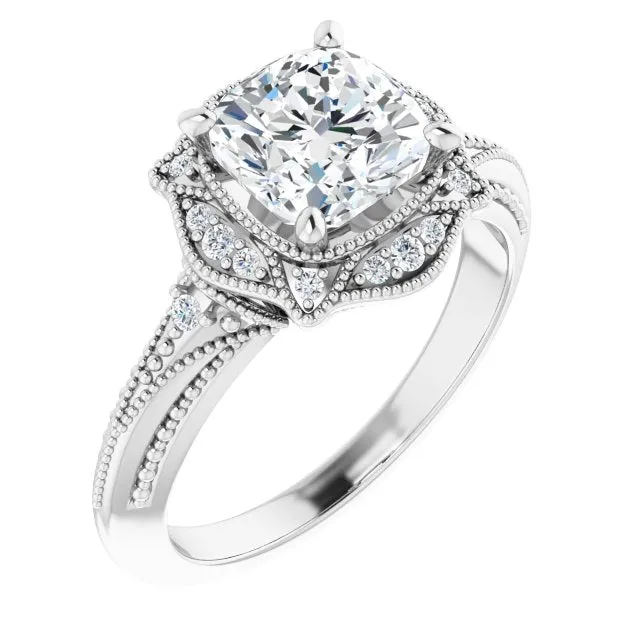 Cubic Zirconia Engagement Ring- The Ashton (Customizable Vintage Cushion Cut Design with Beaded Milgrain and Starburst Semi-Halo)