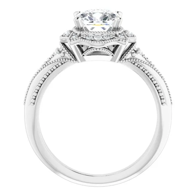 Cubic Zirconia Engagement Ring- The Ashton (Customizable Vintage Cushion Cut Design with Beaded Milgrain and Starburst Semi-Halo)