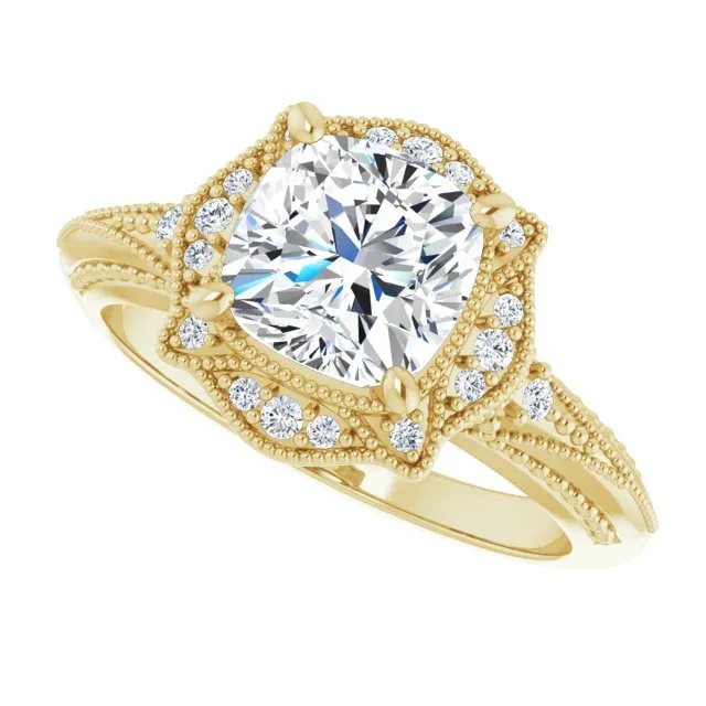 Cubic Zirconia Engagement Ring- The Ashton (Customizable Vintage Cushion Cut Design with Beaded Milgrain and Starburst Semi-Halo)