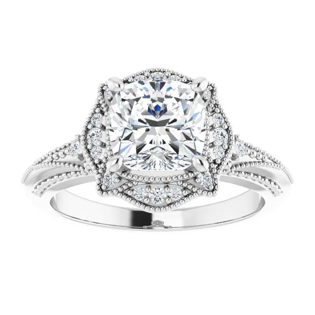 Cubic Zirconia Engagement Ring- The Ashton (Customizable Vintage Cushion Cut Design with Beaded Milgrain and Starburst Semi-Halo)