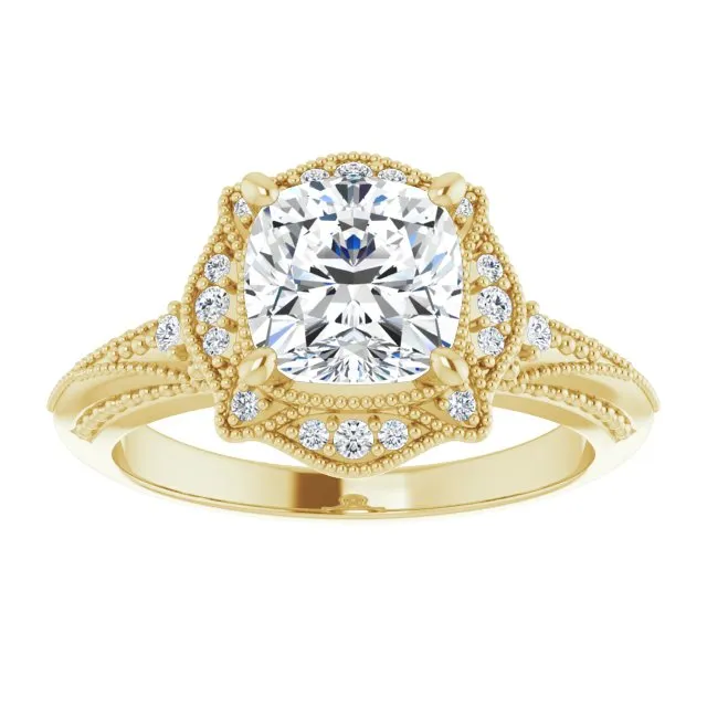 Cubic Zirconia Engagement Ring- The Ashton (Customizable Vintage Cushion Cut Design with Beaded Milgrain and Starburst Semi-Halo)