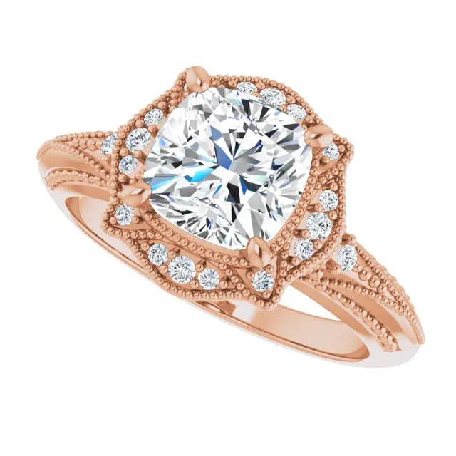 Cubic Zirconia Engagement Ring- The Ashton (Customizable Vintage Cushion Cut Design with Beaded Milgrain and Starburst Semi-Halo)