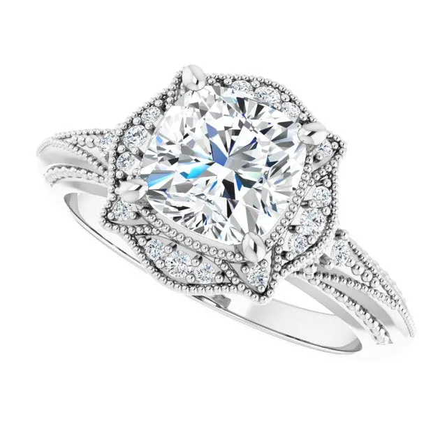 Cubic Zirconia Engagement Ring- The Ashton (Customizable Vintage Cushion Cut Design with Beaded Milgrain and Starburst Semi-Halo)