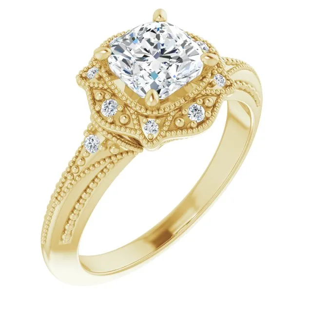 Cubic Zirconia Engagement Ring- The Ashton (Customizable Vintage Cushion Cut Design with Beaded Milgrain and Starburst Semi-Halo)