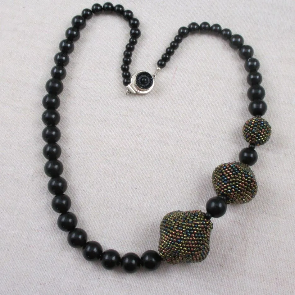 Designer Black Beaded Necklace in Onyx and Black Beaded Beads