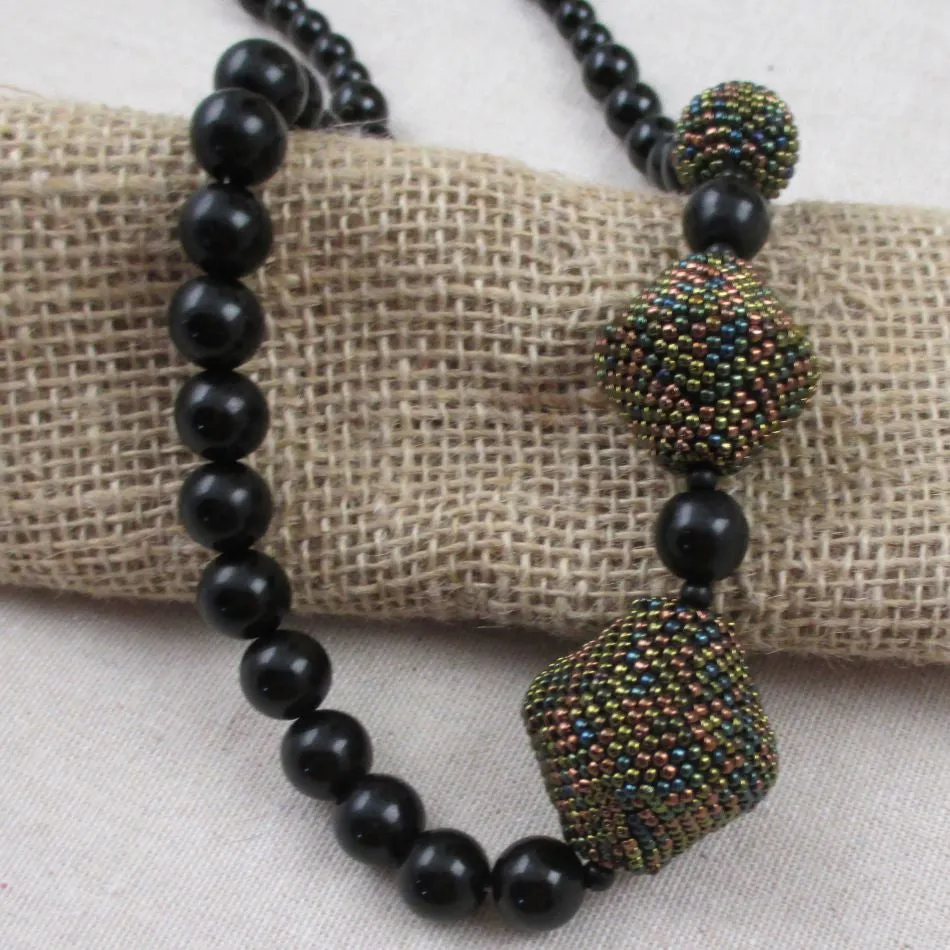 Designer Black Beaded Necklace in Onyx and Black Beaded Beads