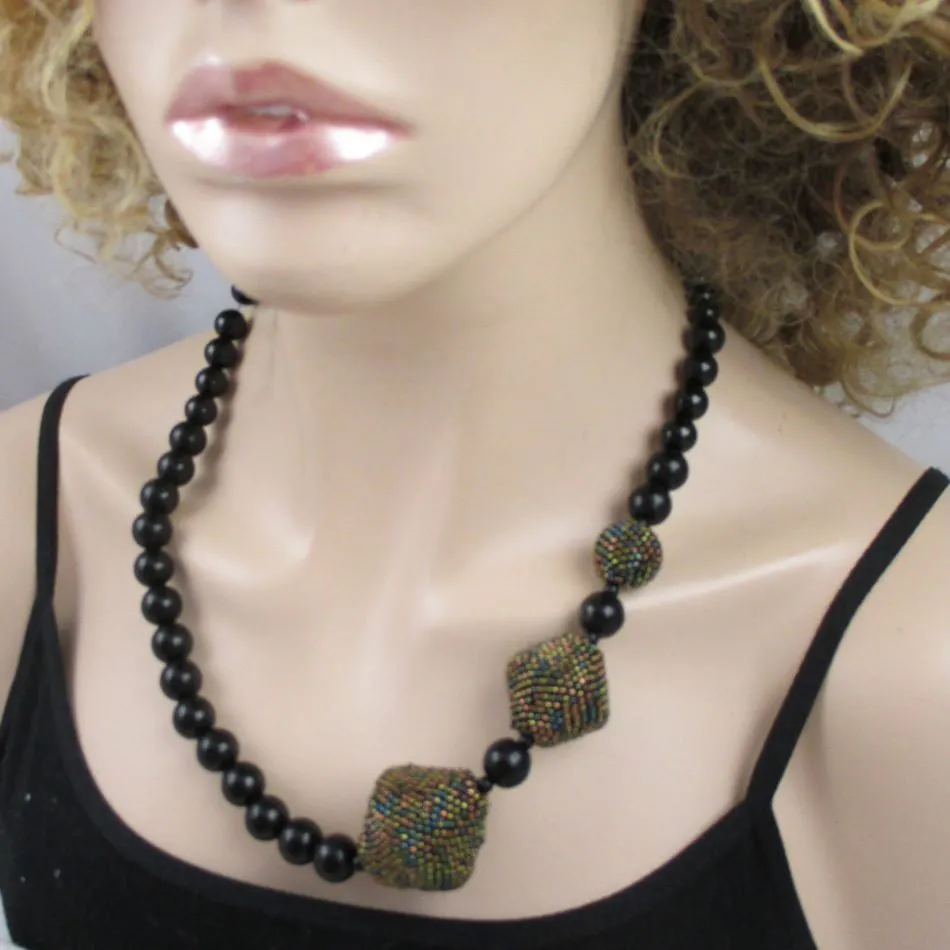 Designer Black Beaded Necklace in Onyx and Black Beaded Beads