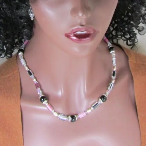 Designer Pink White & Black Artisan Bead Jewelry Set