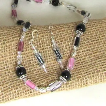 Designer Pink White & Black Artisan Bead Jewelry Set