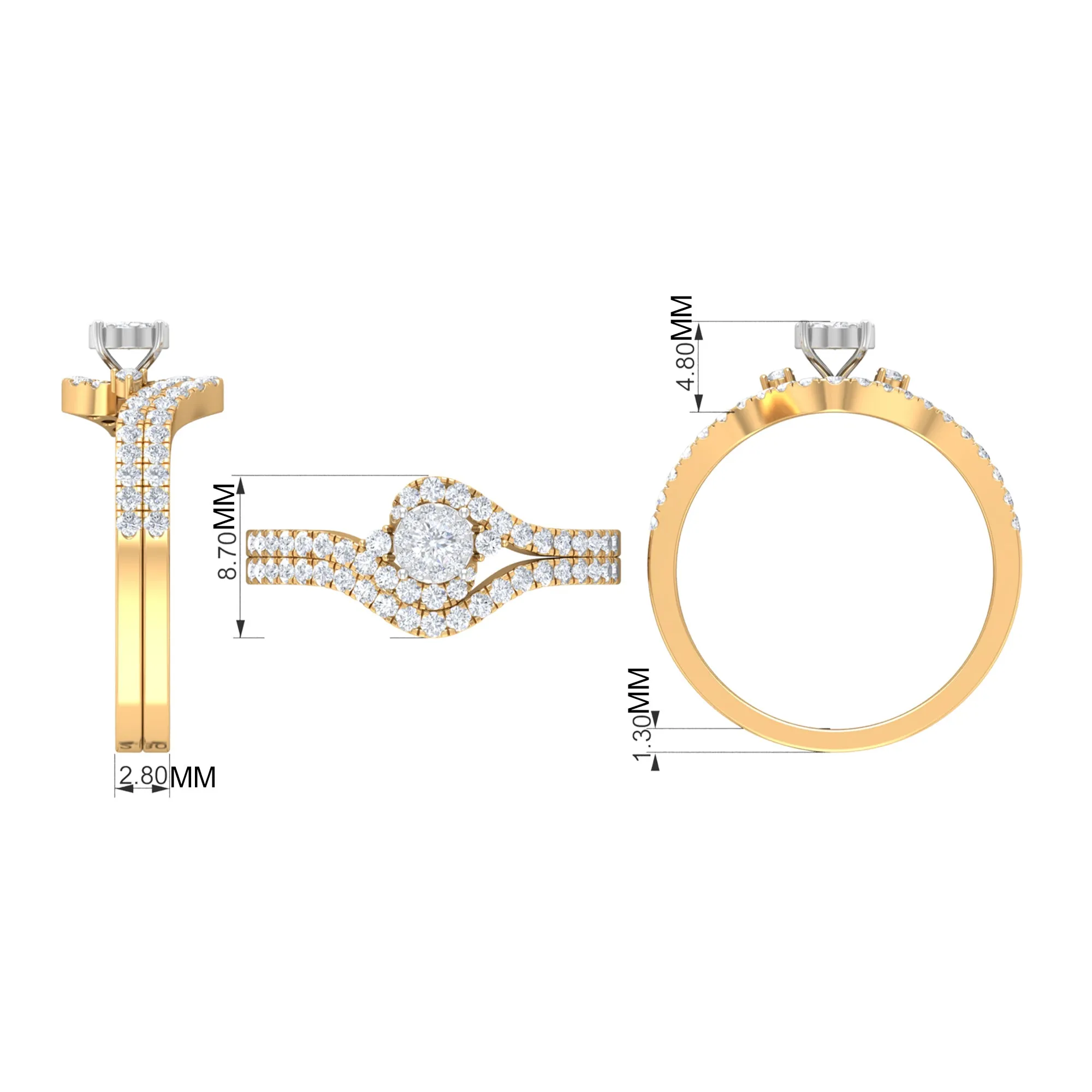 Diamond Bypass Engagement Ring Set with Shadow Band