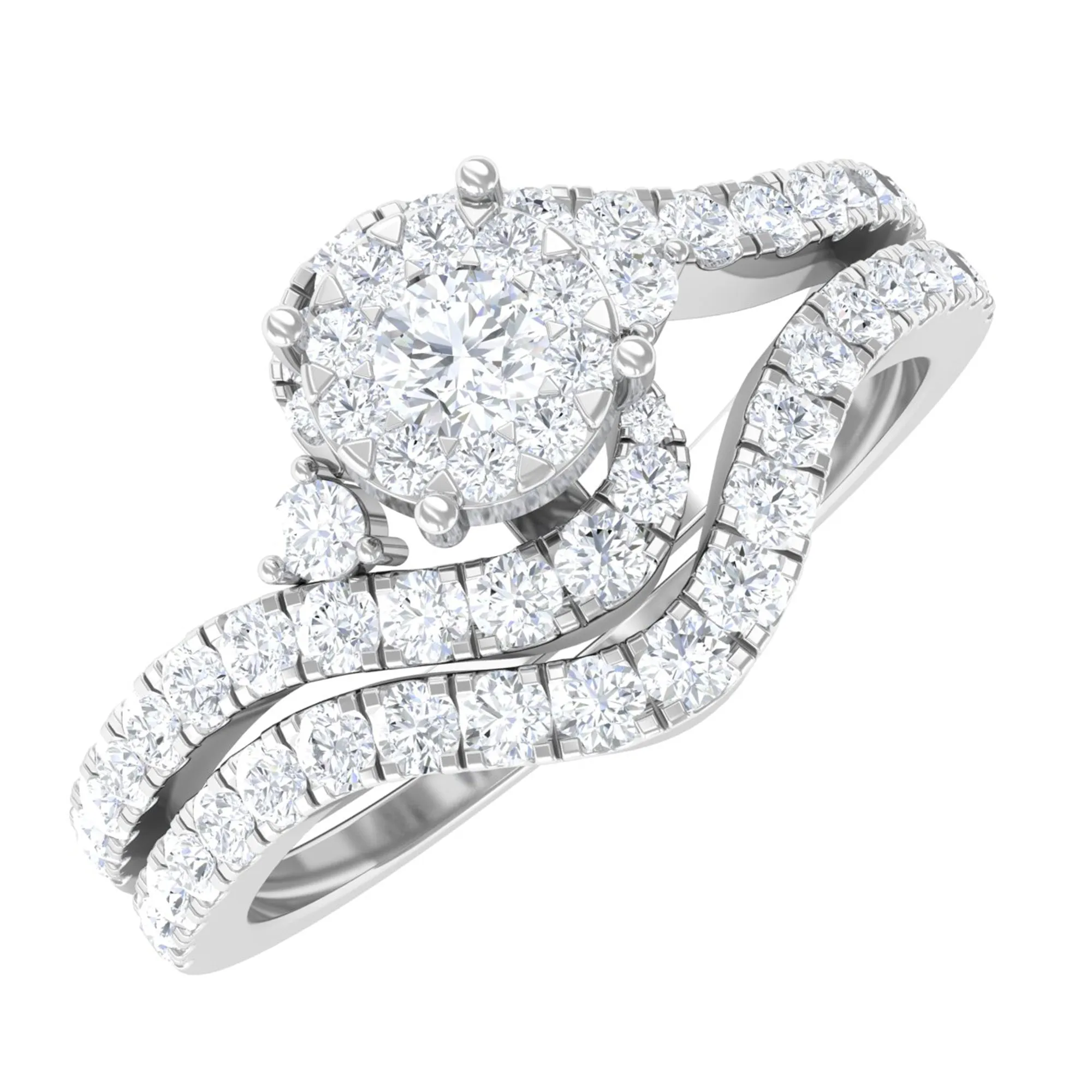 Diamond Bypass Engagement Ring Set with Shadow Band