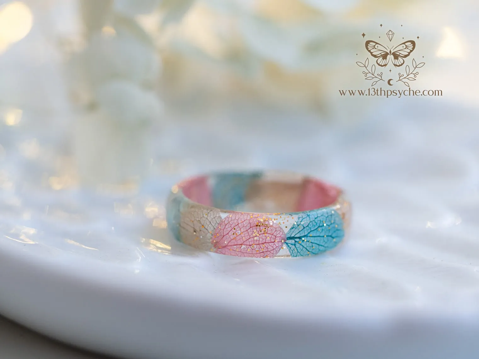 Dried Hydrangea flower petal resin ring