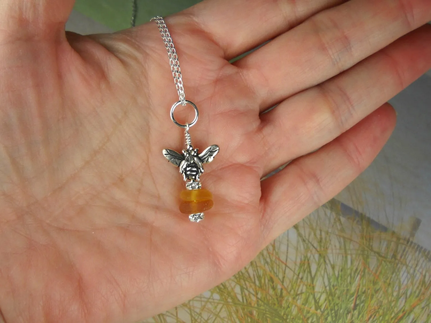 Eco Friendly Bee Jewelry GENUINE Sea Glass Necklace