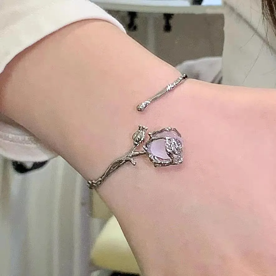 Elegant Healing Stone Rose Bangle Bracelet