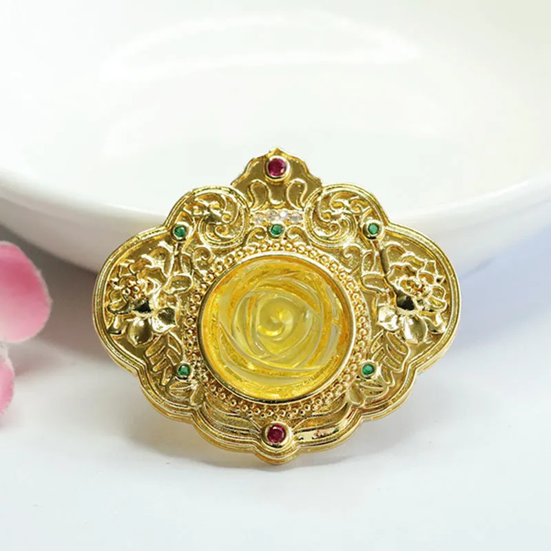 Elegant Rich Ruyi Pendant Featuring Beeswax Amber Rose Blossom