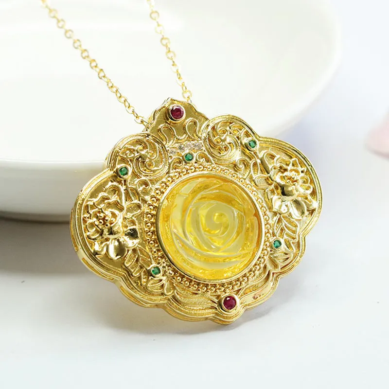 Elegant Rich Ruyi Pendant Featuring Beeswax Amber Rose Blossom