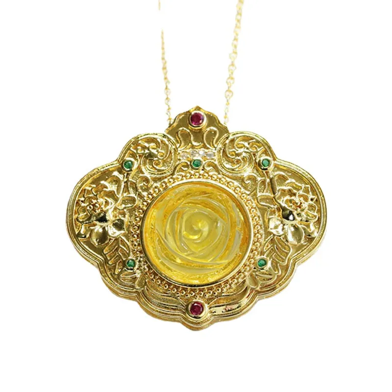 Elegant Rich Ruyi Pendant Featuring Beeswax Amber Rose Blossom