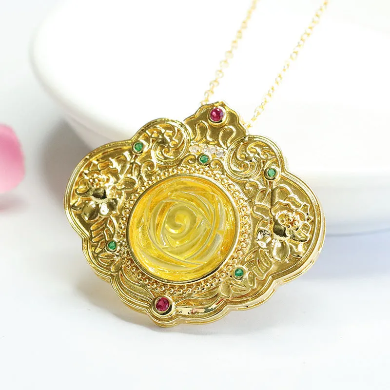 Elegant Rich Ruyi Pendant Featuring Beeswax Amber Rose Blossom