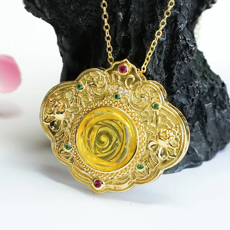 Elegant Rich Ruyi Pendant Featuring Beeswax Amber Rose Blossom