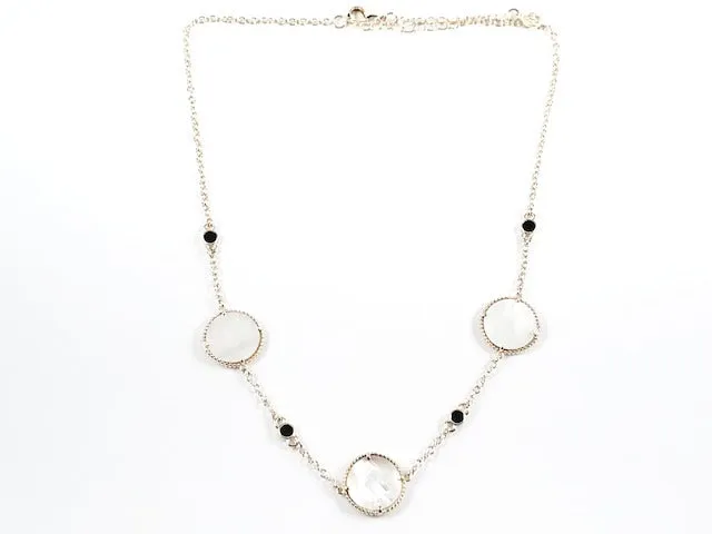 Elegant Round Disc Mother Or Pearl With Small Black Onyx Round Discs Gold Tone Long Brass Necklace