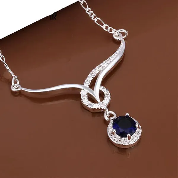 Elegant Silver-Plated Necklace with Blue Sapphire Cubic Zirconia