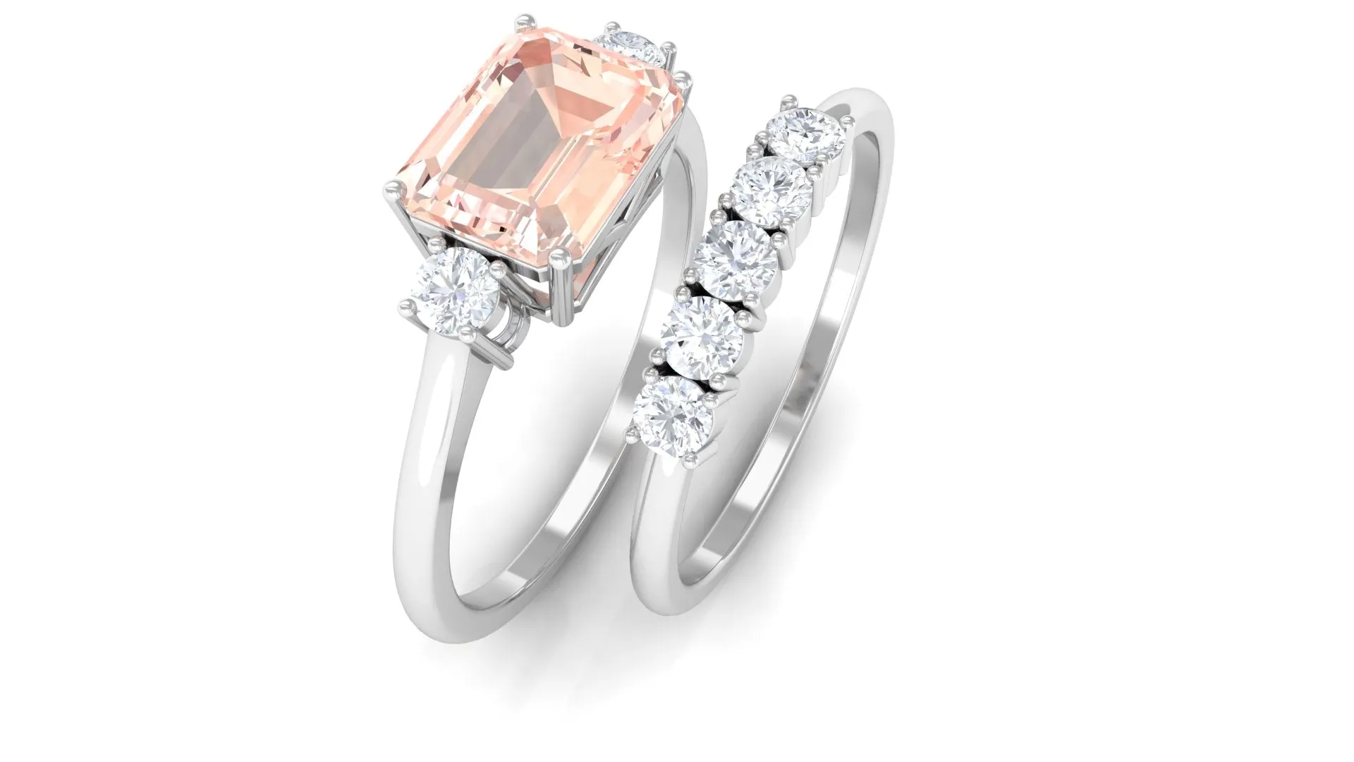 Emerald Cut Morganite Contemporary Wedding Ring Set with Diamond