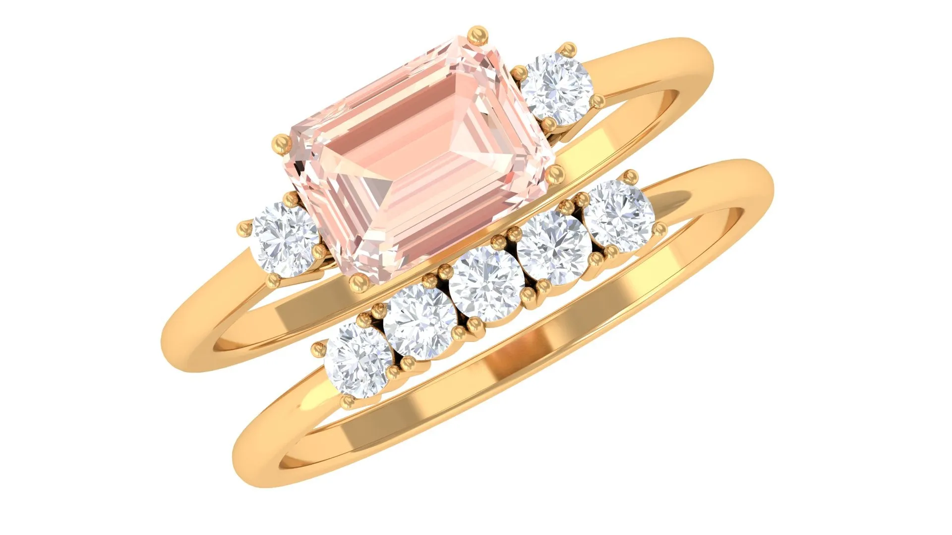 Emerald Cut Morganite Contemporary Wedding Ring Set with Diamond