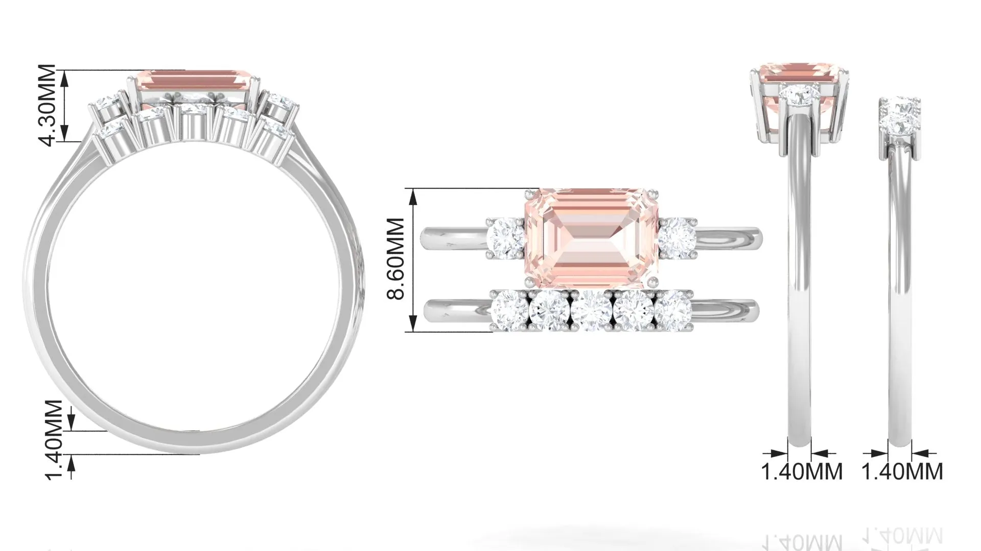 Emerald Cut Morganite Contemporary Wedding Ring Set with Diamond