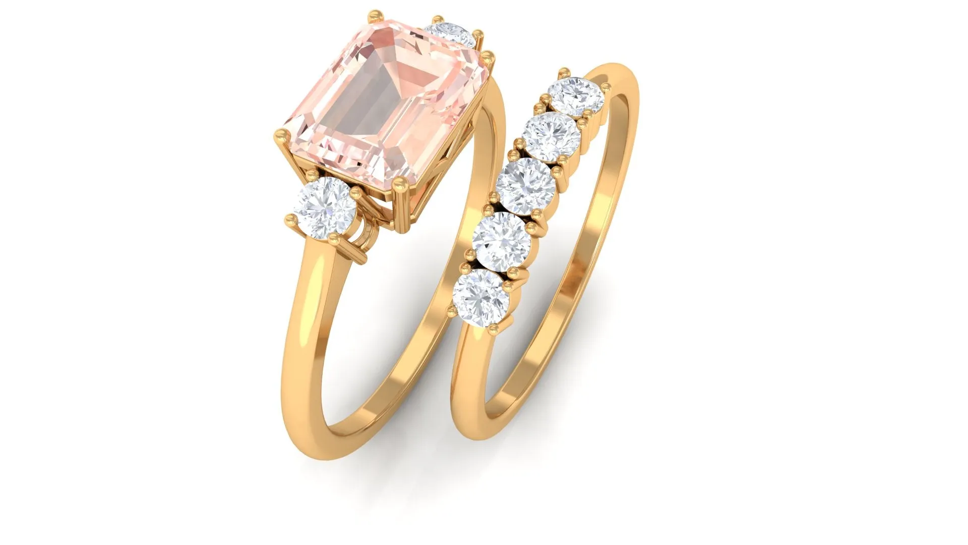 Emerald Cut Morganite Contemporary Wedding Ring Set with Diamond