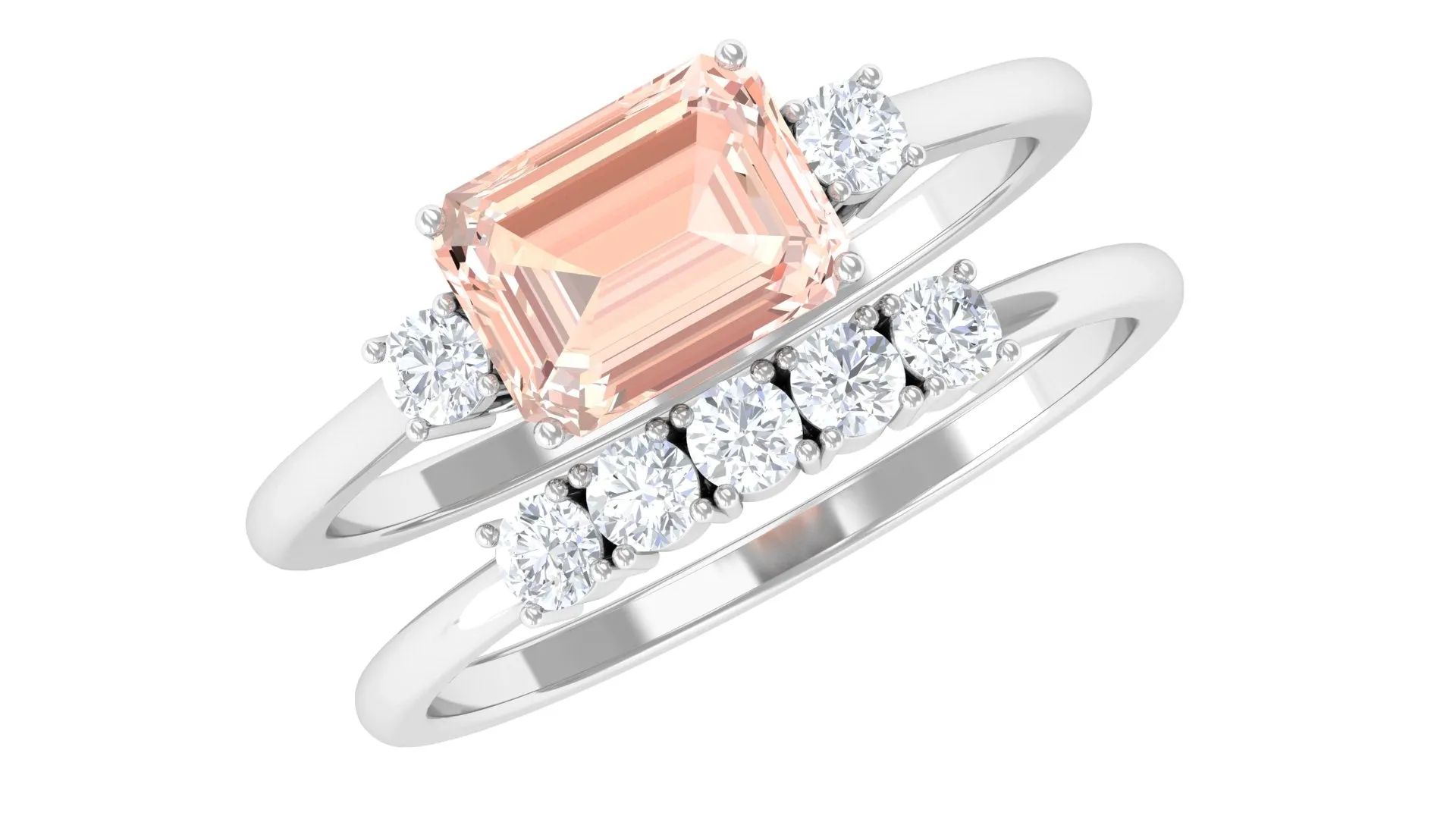 Emerald Cut Morganite Contemporary Wedding Ring Set with Diamond