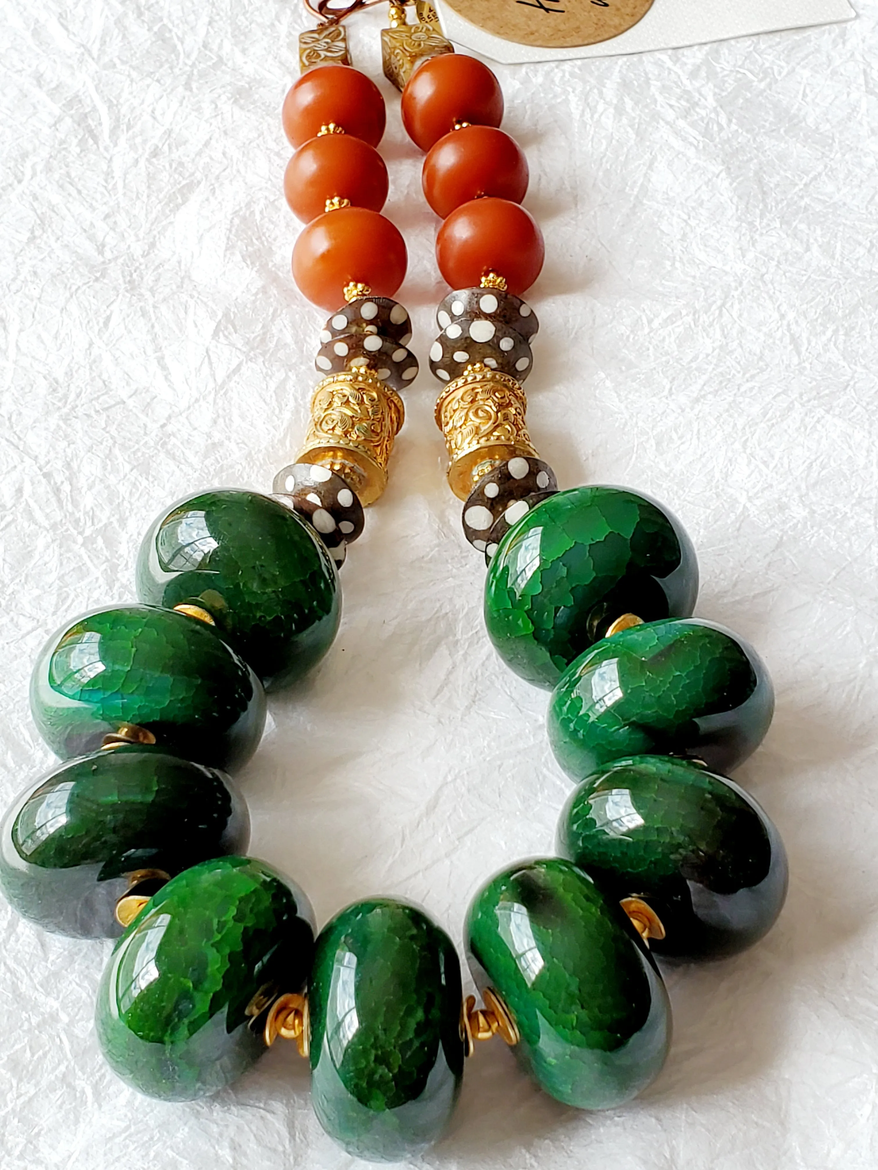 Emerald Jade Green Dragon Vein Druzy Agate Carved Brown Jade Gold Plated Bronze Orange Amber Resin Solid Copper Clasp Statement Necklace