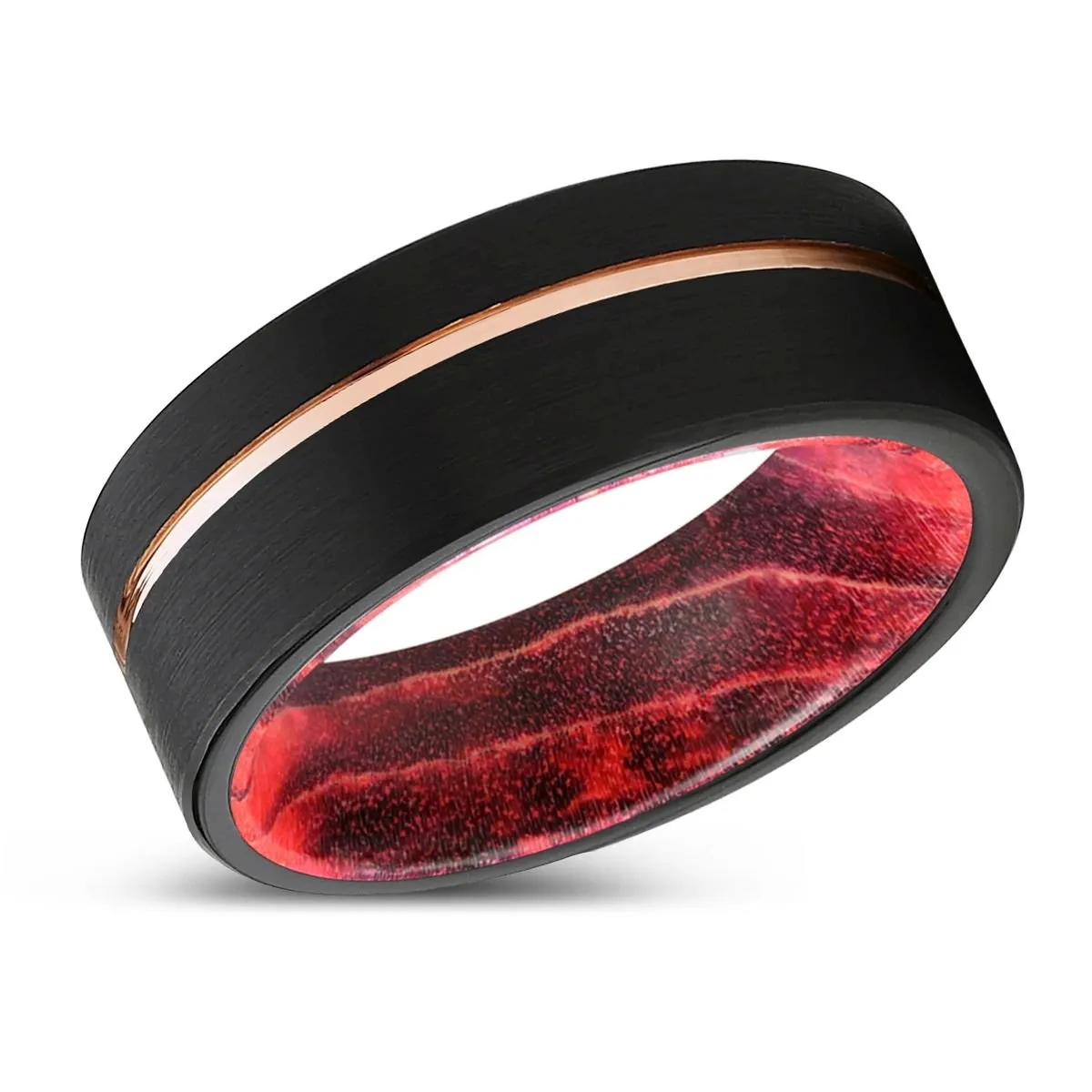 EMERSON | Black & Red Wood, Black Tungsten Ring, Rose Gold Offset Groove, Brushed, Flat