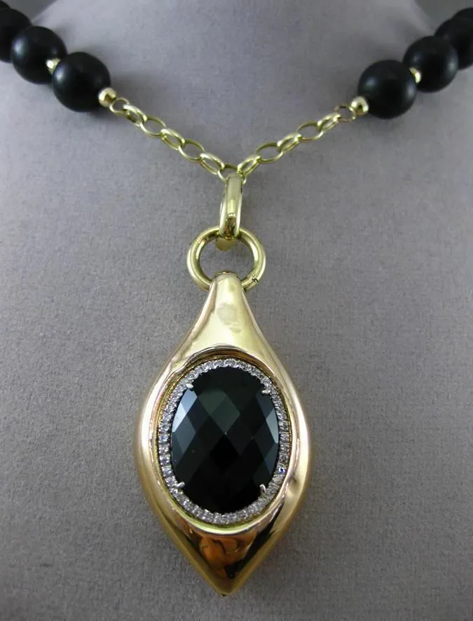 ESTATE EXTRA LARGE 20.40CT DIAMOND & ONYX 14K YELLOW GOLD WOODEN LARIAT NECKLACE