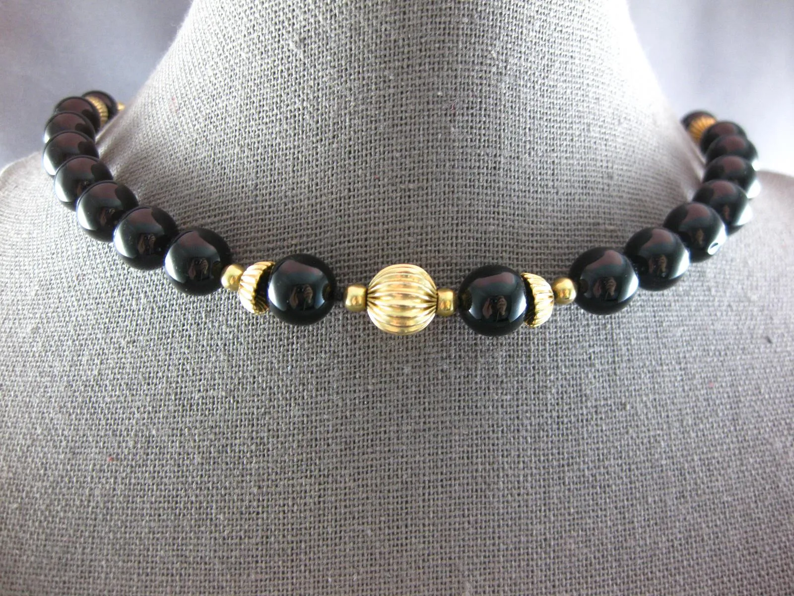 ESTATE EXTRA LONG & LARGE AAA ONYX 14KT YELLOW GOLD 3D BEAD NECKLACE #27195