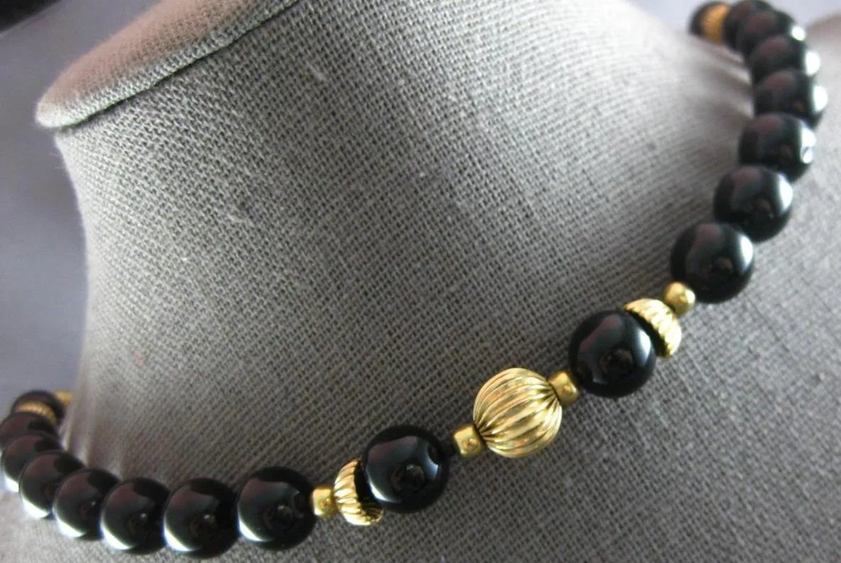 ESTATE EXTRA LONG & LARGE AAA ONYX 14KT YELLOW GOLD 3D BEAD NECKLACE #27195