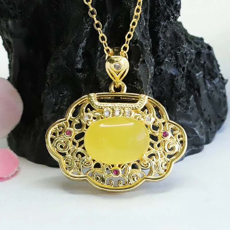 Ethnic Style Sterling Silver Ruyi Pendant with Beeswax Amber